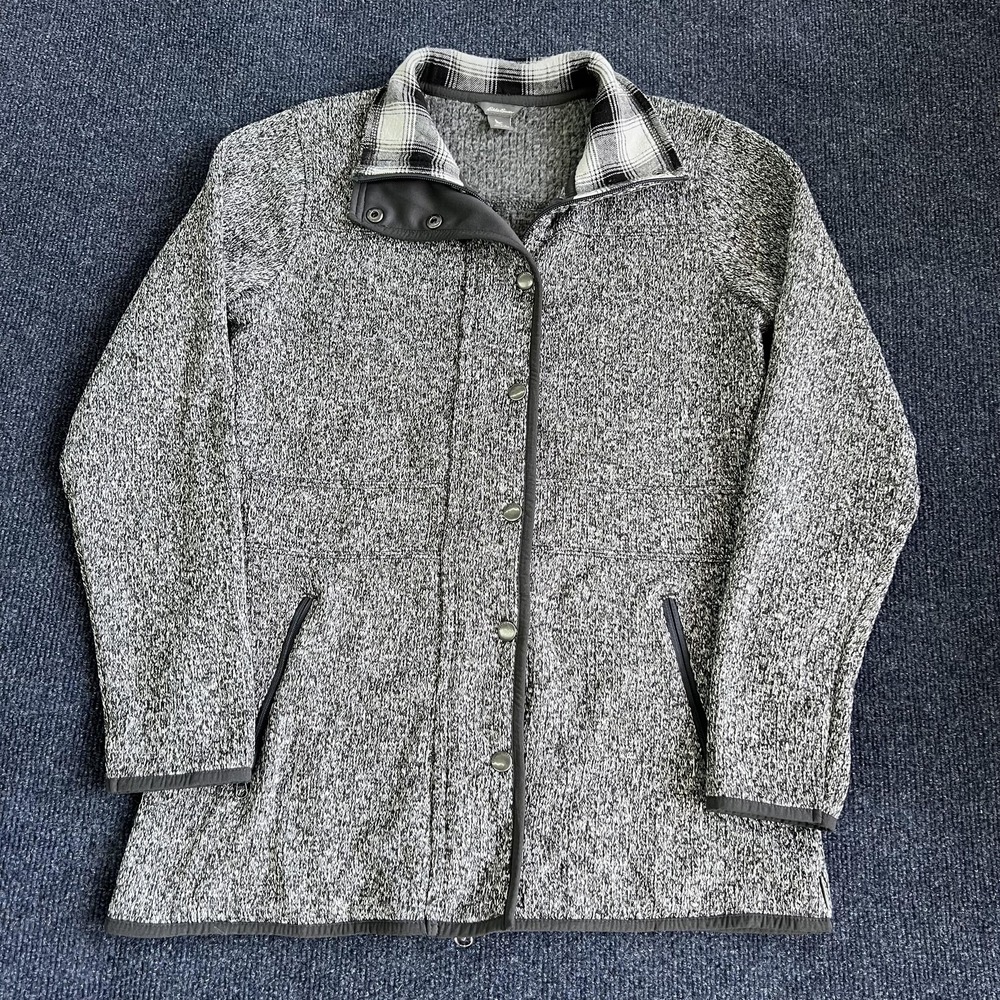 Eddie Bauer Jacket Womens Small Gray Sweater Knit Fleece Snap Zip Plaid Collar